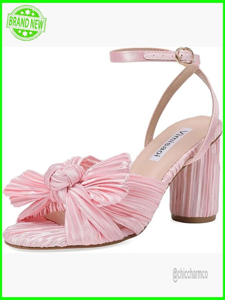 Bow Knot Heeled Sandals Open Toe Chunky Heels Ankle Strap Pleated Bride Wedding